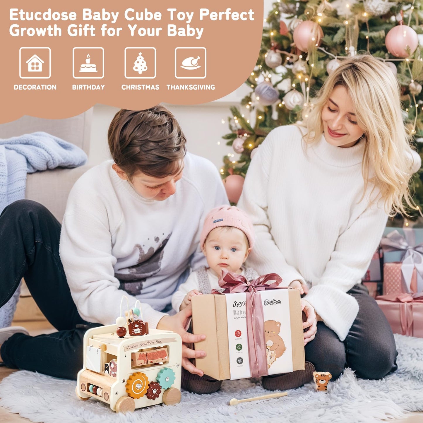 Etucdose Wooden Activity Cube 8-in-1 Montessori Toys | Multifunctional Early Educational Learning Toys | Wooden Toy for Baby Shape Sorter Xylophone Animal Travel Bus Boy Girl Birthday Gift（Beige Bus）