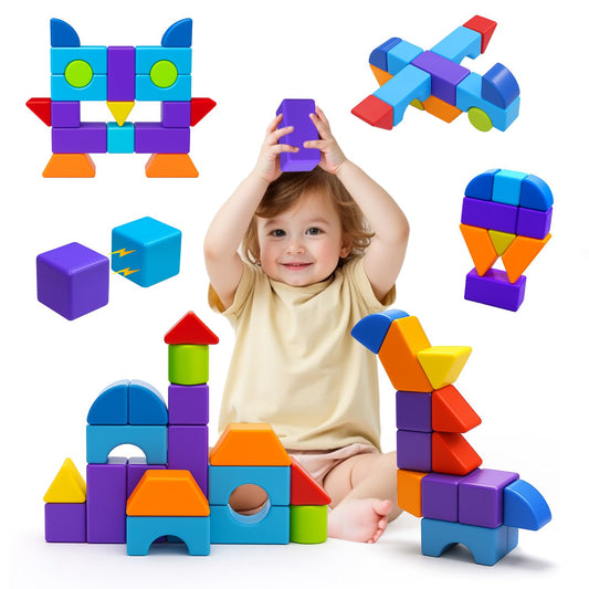Pairez Toys Magnetic Blocks, Large 1.65 inch Magnetic Cubes for Kids, 3D Multi-Shape Building Blocks, Preschool Educational Building Kit, Montessori Sensory Toys for Toddlers 3-5 (19pcs)