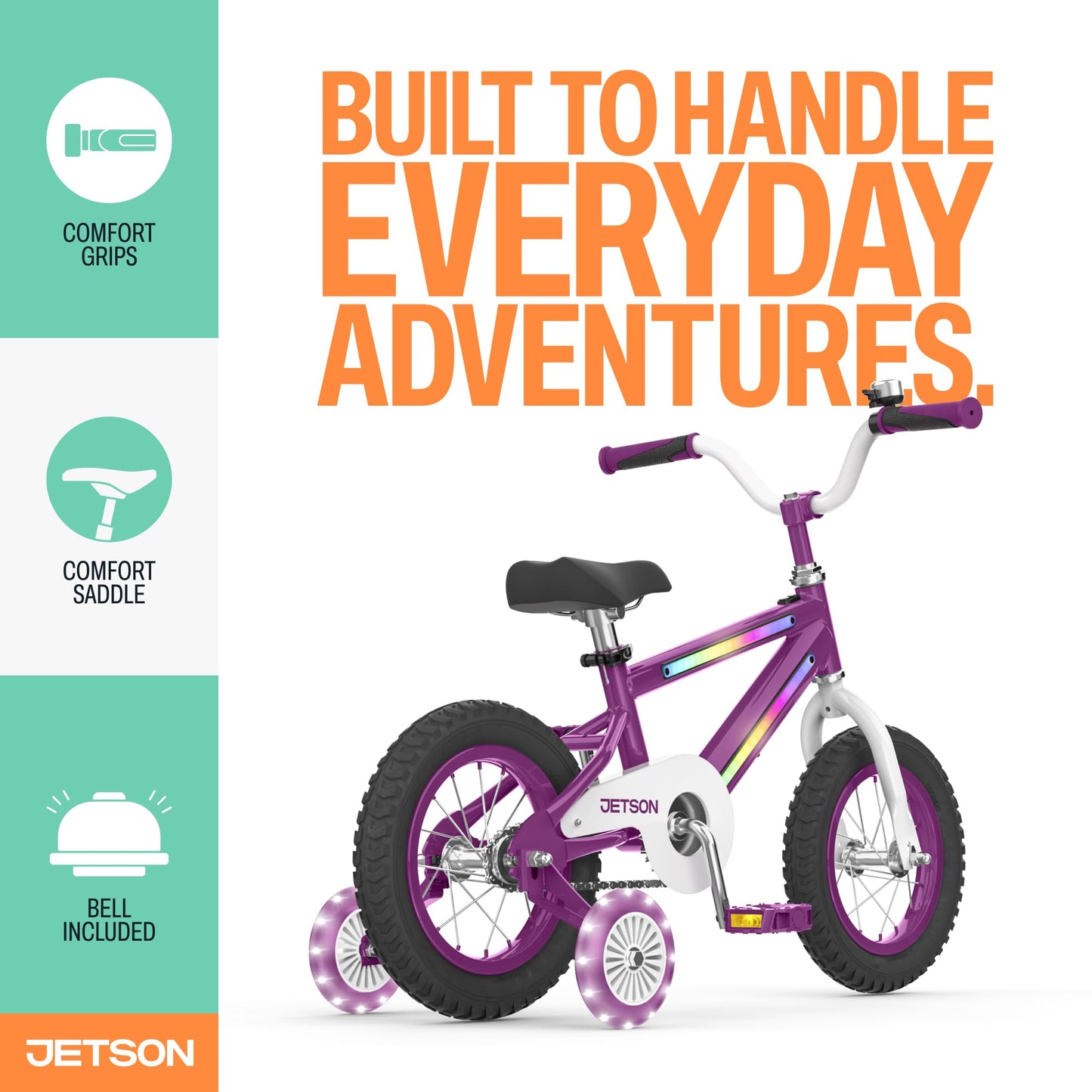 Jetson Light Rider Kids’ Light-up Unisex Bike, LED Light-up Frame, 3 Different Light Modes, Adjustable Seat Height, 12" Rubber Tires, Kinetic Light-Up Training Wheels, Purple, JLRG12-PUR