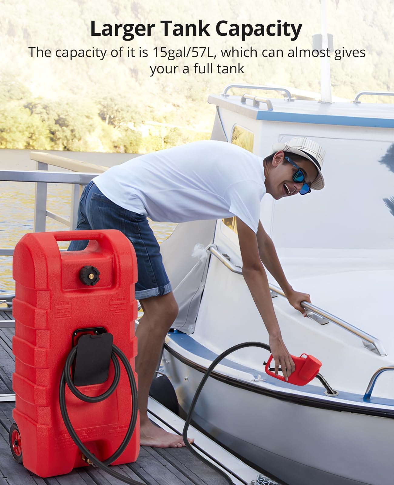 15 Gallon Gas Can, Portable Fuel Tank With Pump, Fuel Transfer Tank, Portable Gasoline Tank On Wheels With Le Fluid Transfer Siphon Pump and 10-Inch Hose for Cars, Boats, Lawnmowers, ATVs