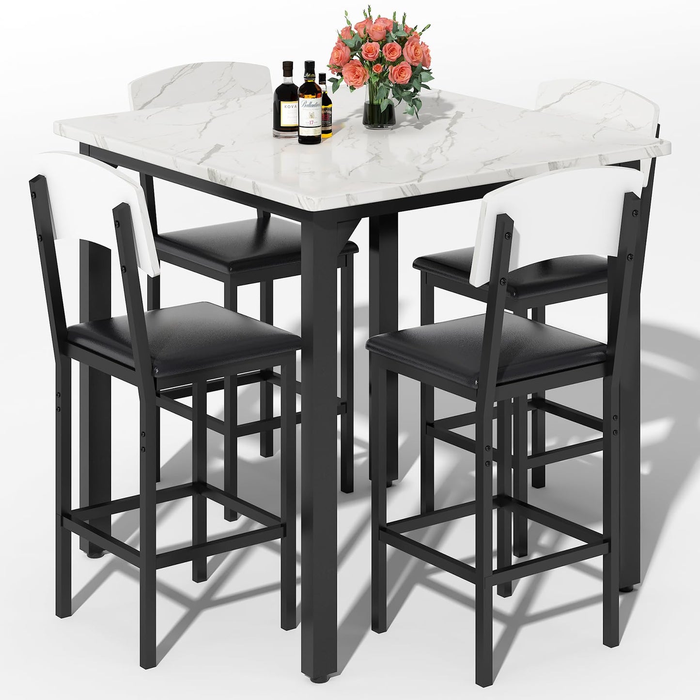 AWQM 5-Piece Dining Table Set, Dining Table Set for 4, Counter Height Table & 4 Bar Stools, Modern Kitchen Dining Set, with Upholstered Chairs, Compact Dining Set for Small Spaces, Marble Texture