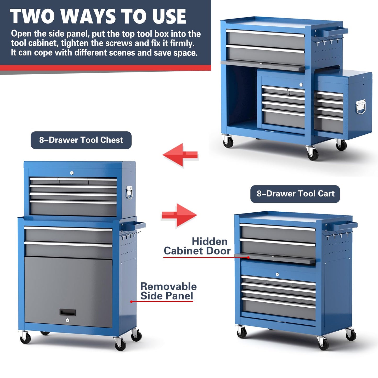 Tool Chest 8-Drawer | 42'' Large Rolling Tool Chest with Wheels | Detachable Top Metal Tool Box | Garage Storage Cabinet for Repair Room,Warehouse | Rolling Tool Box with Hooks,Liners,Tray Divider
