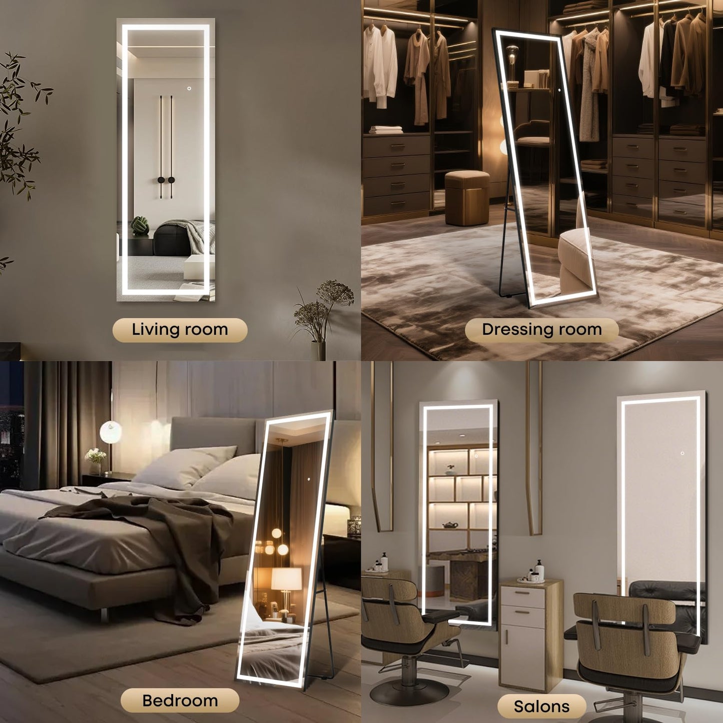 Kosmonia 65x22 Frameless Full Length Mirror, Dimmable 3 Color LED Light w/Memory Function, Distortion Free, HD Reflection & Anti Desilvering, Tempered Glass & Shatter Proof Film Doubling Safety