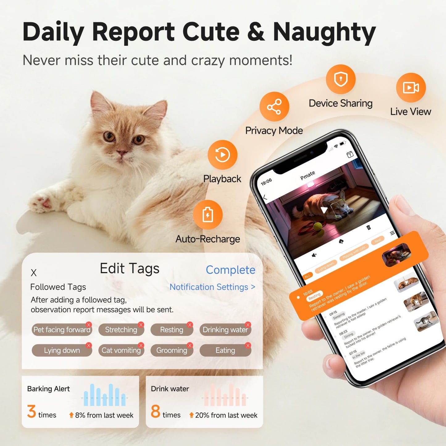 PICKFUN A3 AI Pet Companion Robot with 2K Camera – Smart Robot for Cats & Dogs, Auto Follow, Laser Toy, Night Vision, 2-Way Audio, AI Behavior Reports, Auto Recharge & App Sharing