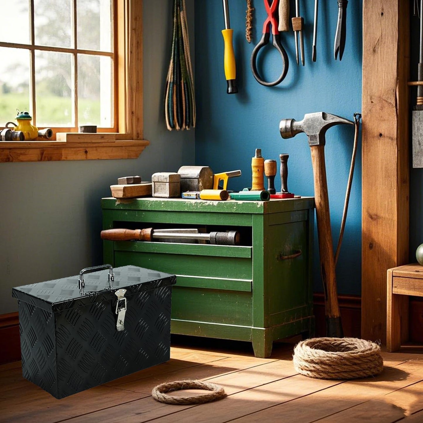 caqeg 16 Inch Heavy-Duty Aluminum Truck Tool Box with Stripe Tread Design – Waterproof, Rustproof Storage Organizer for Pickup Trucks, Trailers, and RVs – Black