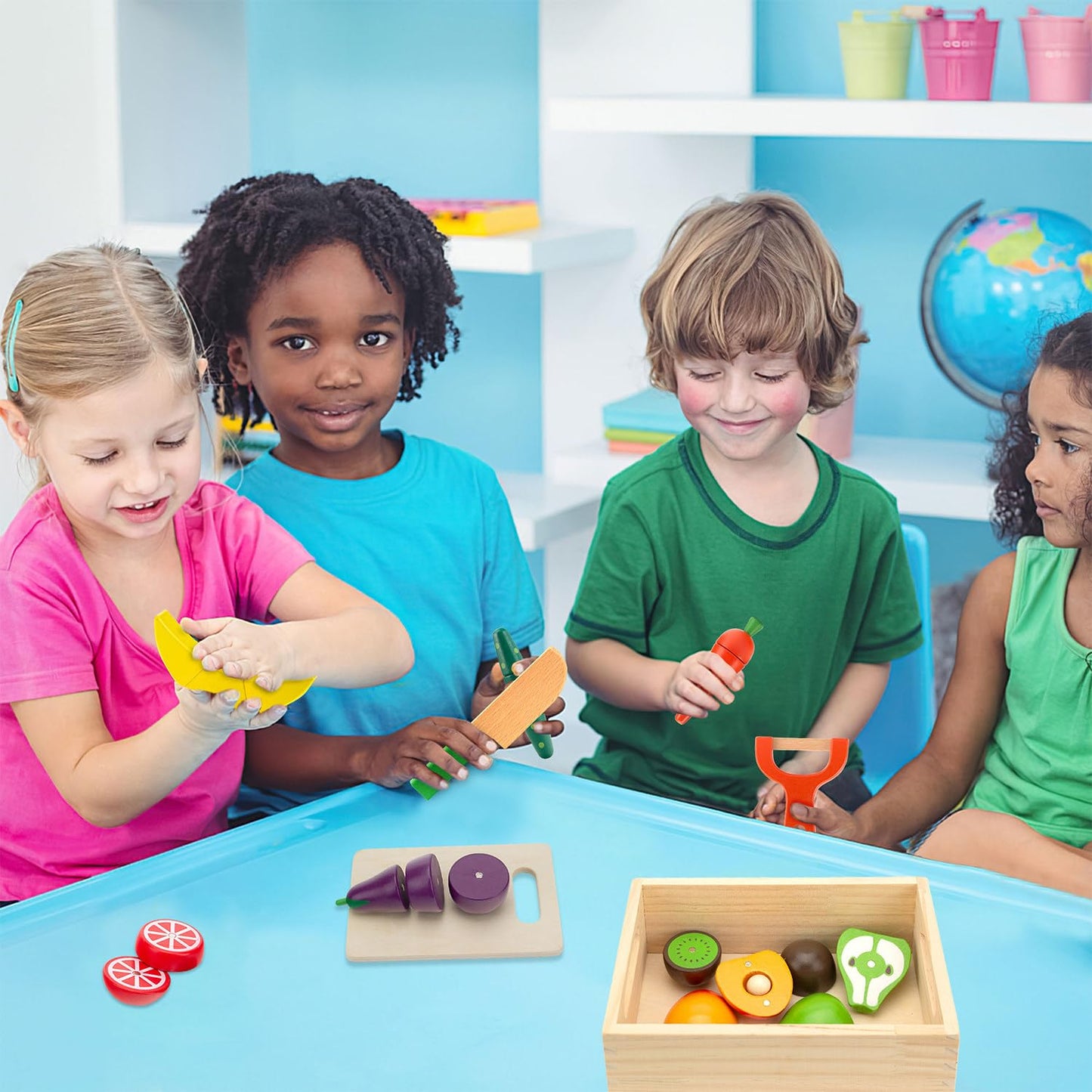 GOPLACS Wooden Play Food Sets for Kids Kitchen - Cutting Fruits and Veggies Toddler Toys Pretend Food Play Kitchen Accessories Montessori Educational Toys Gifts for Kids Boys Girls 3+