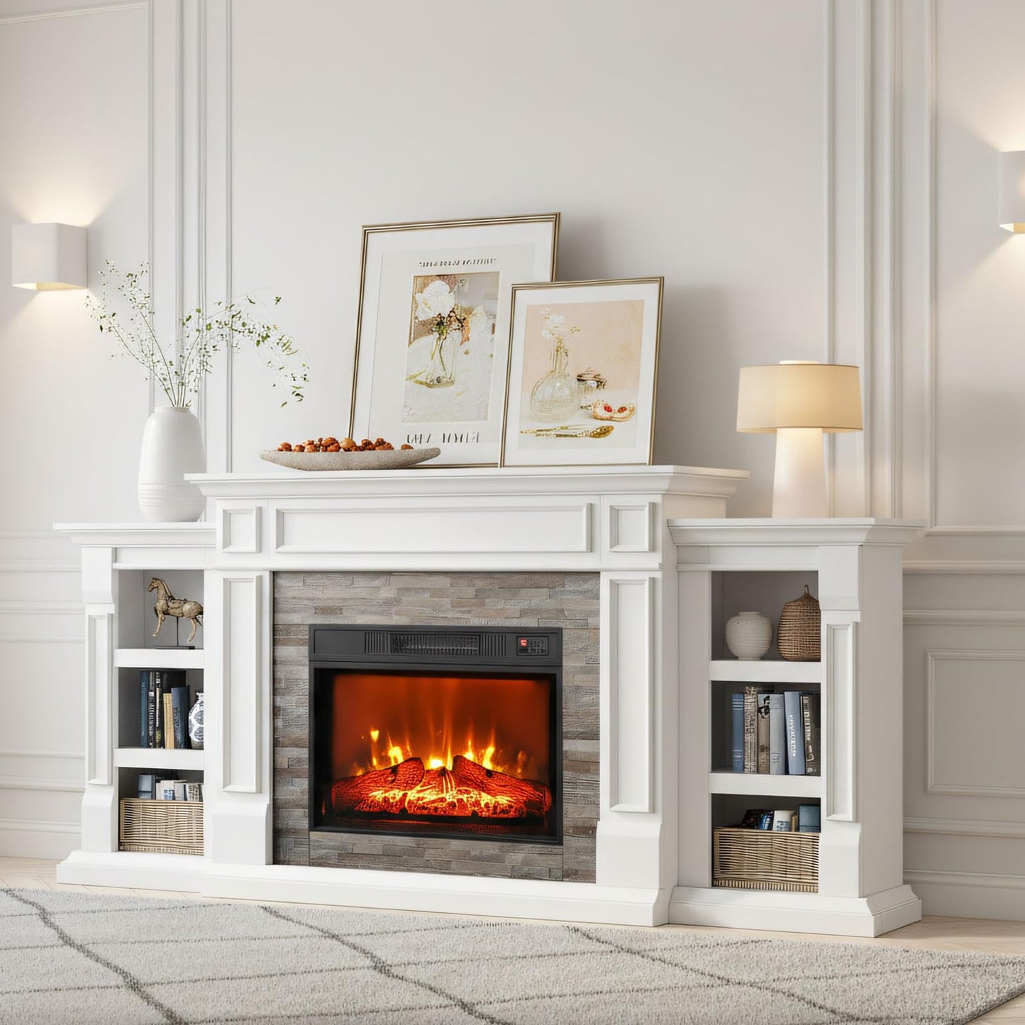 72" Electric Fireplace with Mantel, Fireplace TV Stand for TVs Up to 80 Inch, Modern Entertainment Center with Storage, Realistic Stacked Stone Surround with Remote Control for Living Room, Bedroom