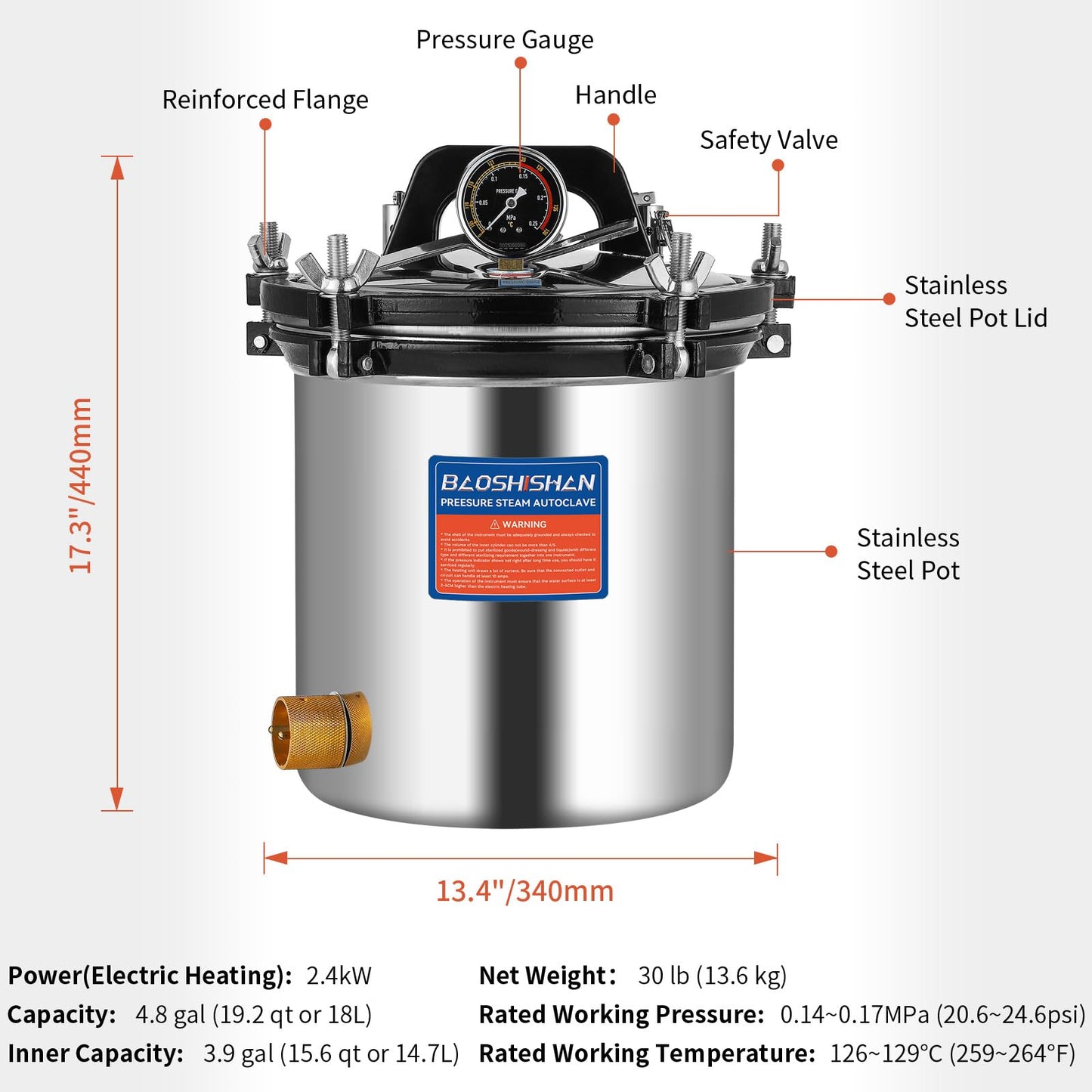 BAOSHISHAN 18L Steam Autoclave 19 QT Stainless Steel Portable Pressure Autoclave 1KW 110V
