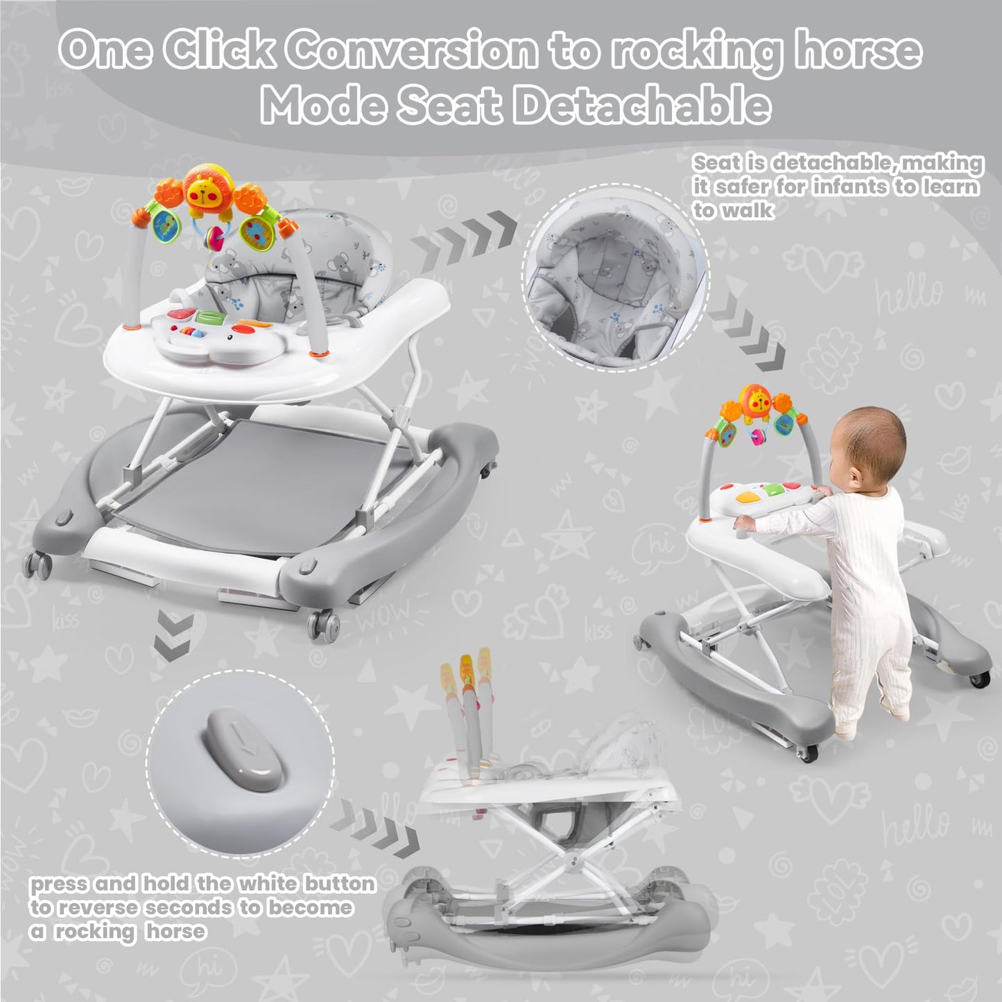 RefoereBabe Baby Walker, 5 in 1 Baby Walkers for Boys Girls 6-12 Months, Foldable Walkers for Babies with Bouncer & Feeding Tray, Music, Adjustable Heights, Activity Walker for Infant
