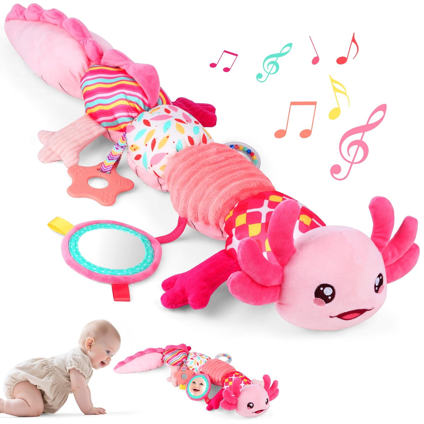 Baby Girls Toys 0-6 Months,Infant Sensory Caterpillar Pink Axolotl Baby Musical Rattles Tummy Time Toys for 0 3 6 9 12 Months Stuffed Plush with Crinkle, Mirror,Teether for Newborn Shower Gifts
