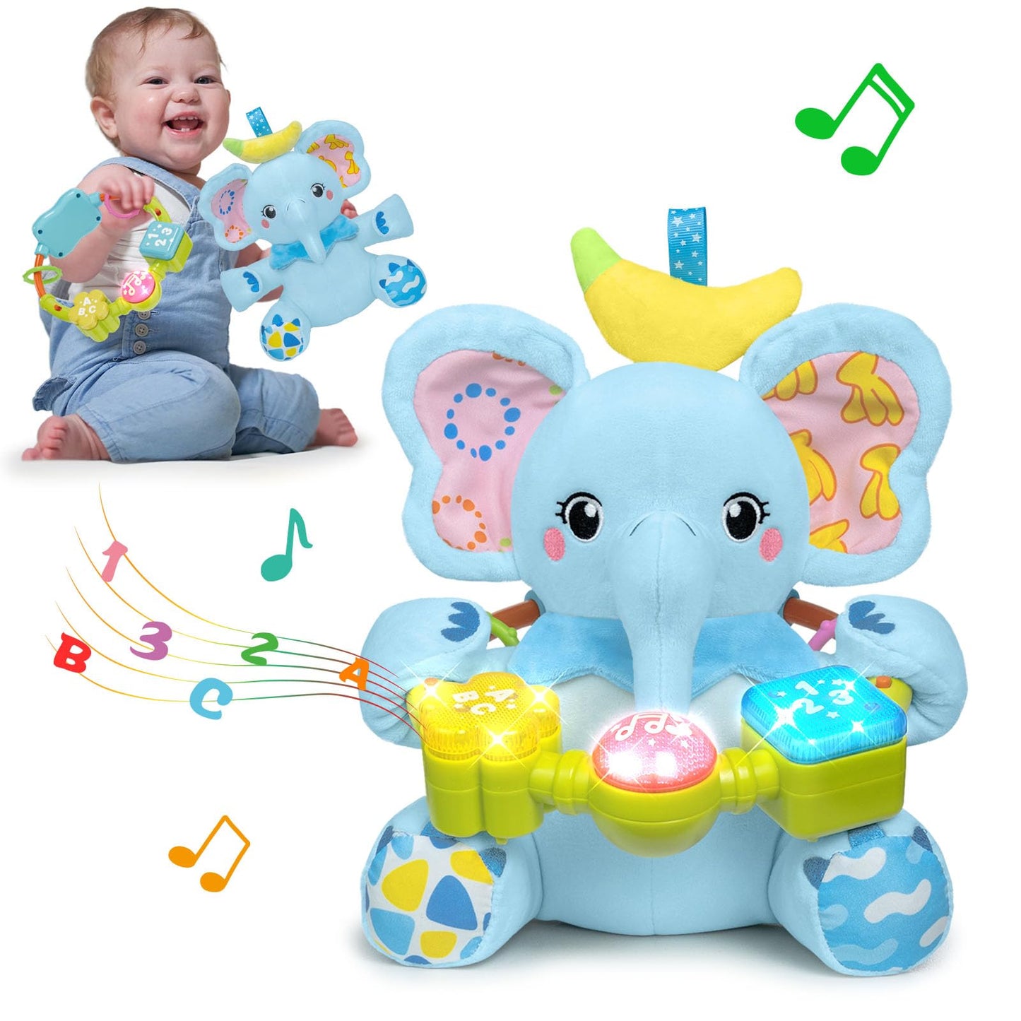 Holaxander Baby Gift Set for 0-6-12+ Months (1 * Baby Ladybug Musical Toy & 1 * Musical Plush Elephant Toy)