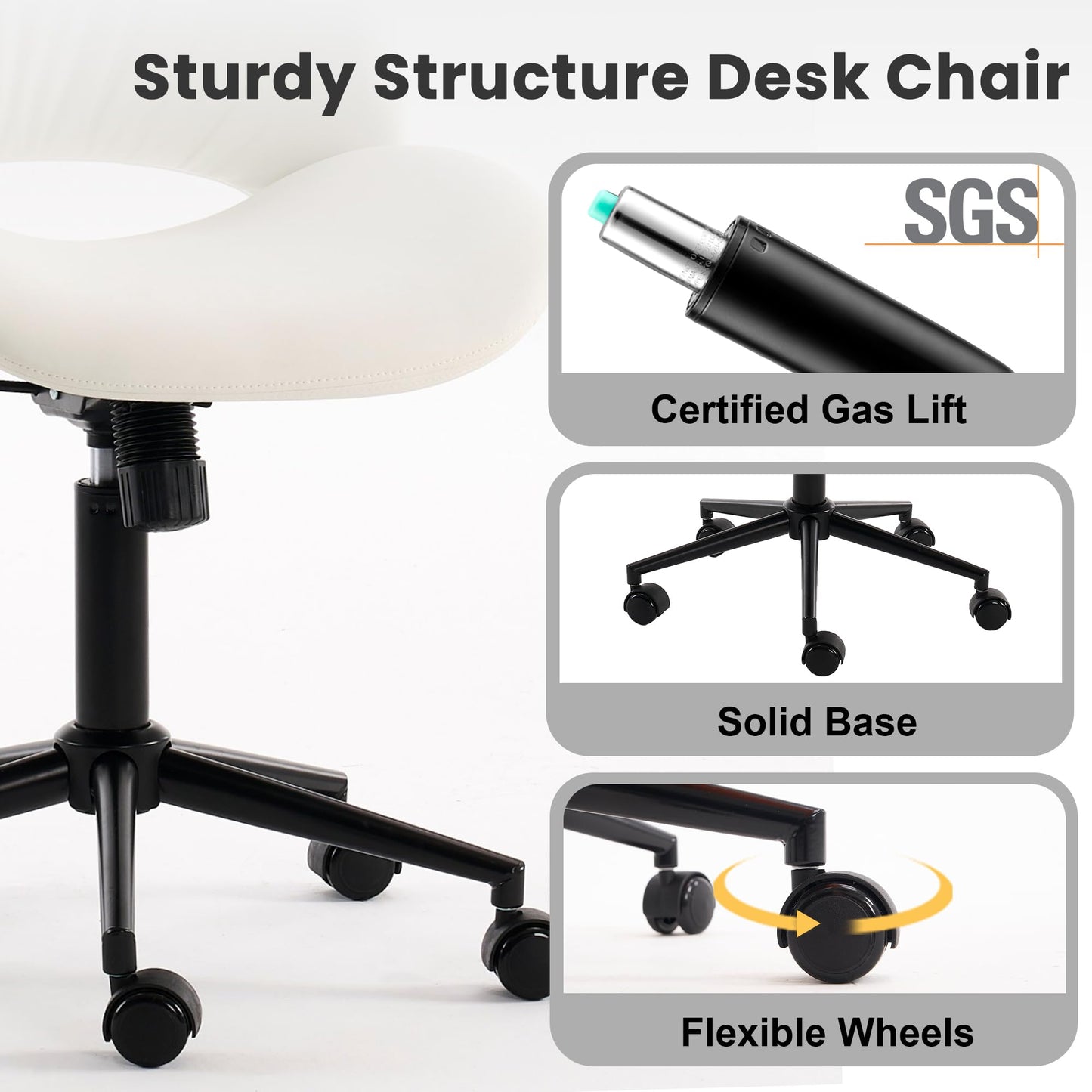 ROHASID Armless Desk Chair, Comfy Armless Office Chair with Wheels, Height Adjustable Faux Leather Desk Chairs for Office, Swivel Vanity Chair with Back for Bedroom, Reading Nook, White