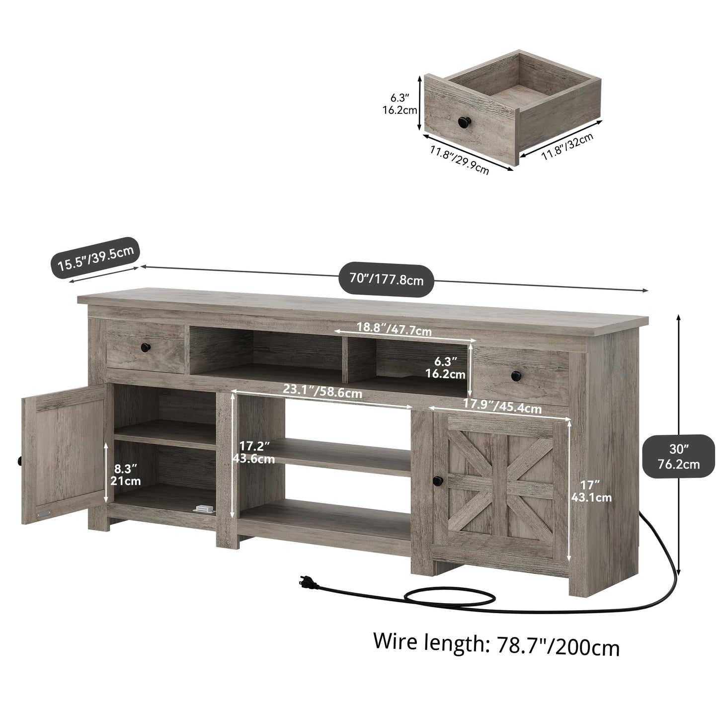 YITAHOME TV Stand for 75/80 Inch TV, Farmhouse Entertainment Center with Storage, 70 Inch TV Cabinet with Drawers and Power Outlet, TV Console for Living Room (Grey Oak)