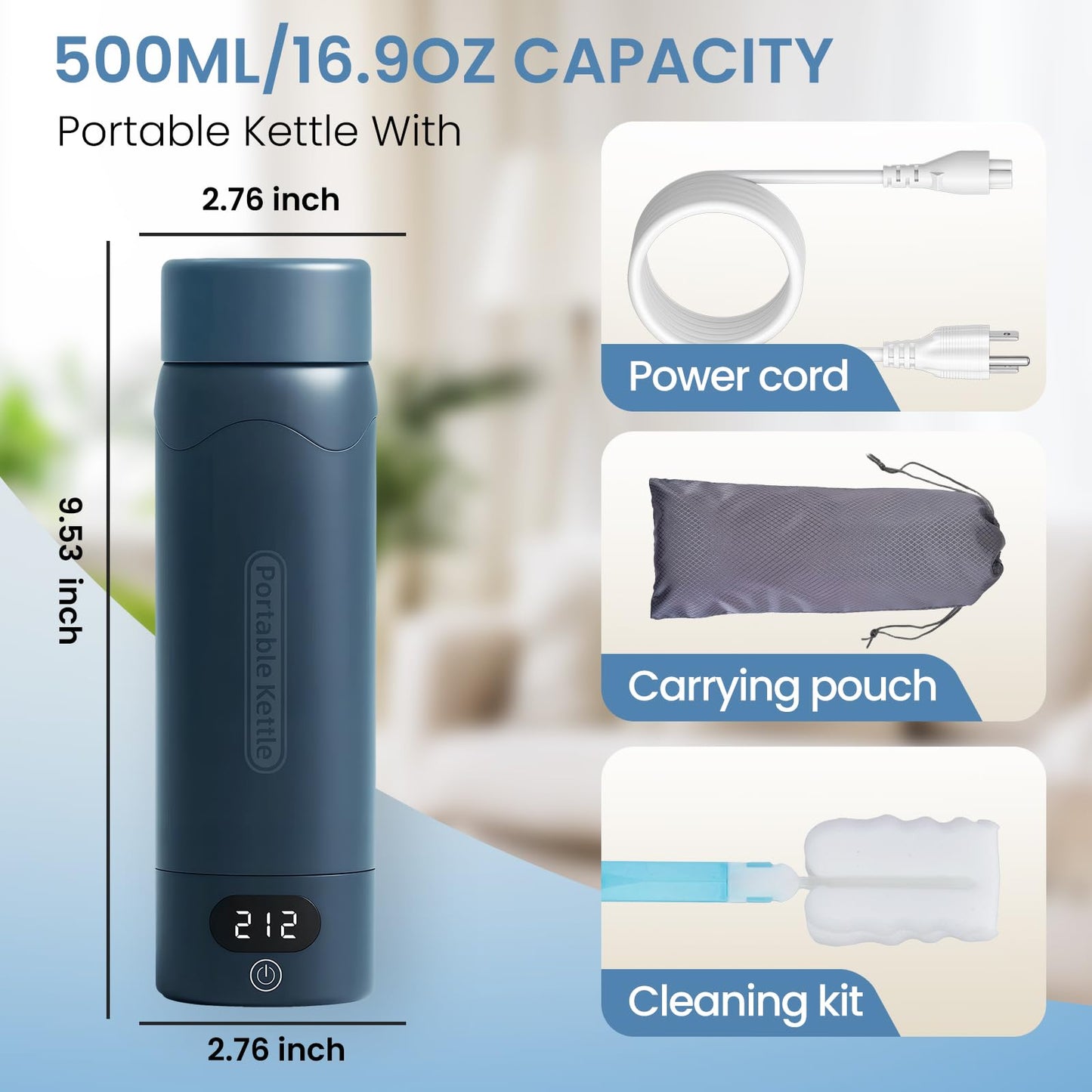 Travel Electric Kettle Portable Mini Kettle,316 Stainless Steel 16.91Oz,Small Hot Water Boiler with 4 Temperature Settings,Fast Boiling Water with Auto Shut-Off and Boil Dry Protection(Blue Spruce)