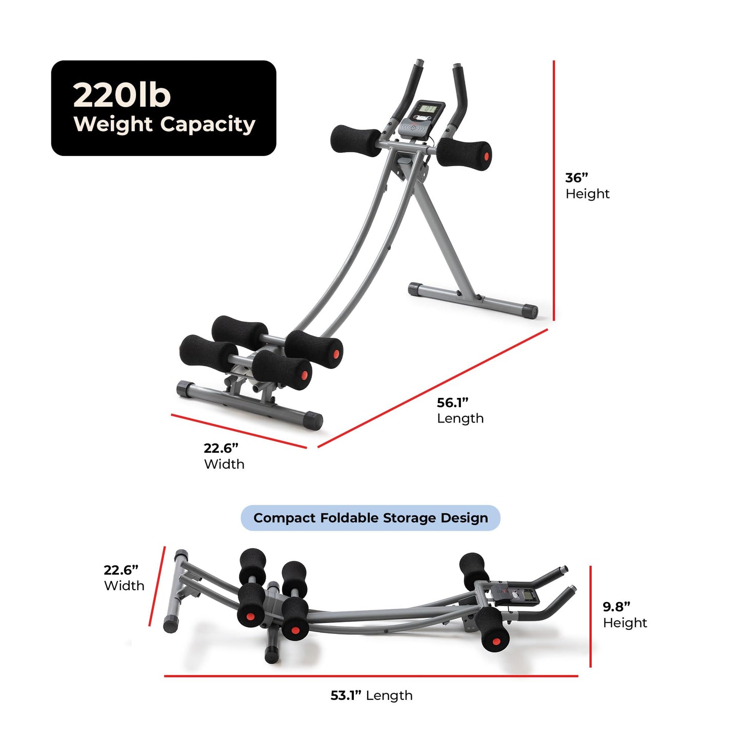 Sunny Health & Fitness Adjustable Waist Trainer Ab Roller with Elbow Support, Foldable Core Glider with Smooth Glide Wheels for Home Fitness, Crunches, and Glute Strengthening - SF-A022005