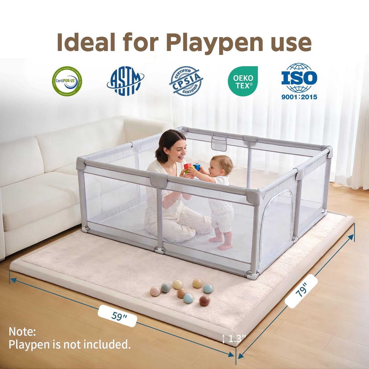 COLLACOCO Baby Play Mat for Floor, 59"x79" Playpen Mat, 1.3" Thick Memory Foam Tummy Time Mat, Soft Coral Velvet Nursery Rug, Easy-Care & Non-Slip Cushioned for Infants, Kids, Toddlers Crawling, Beige