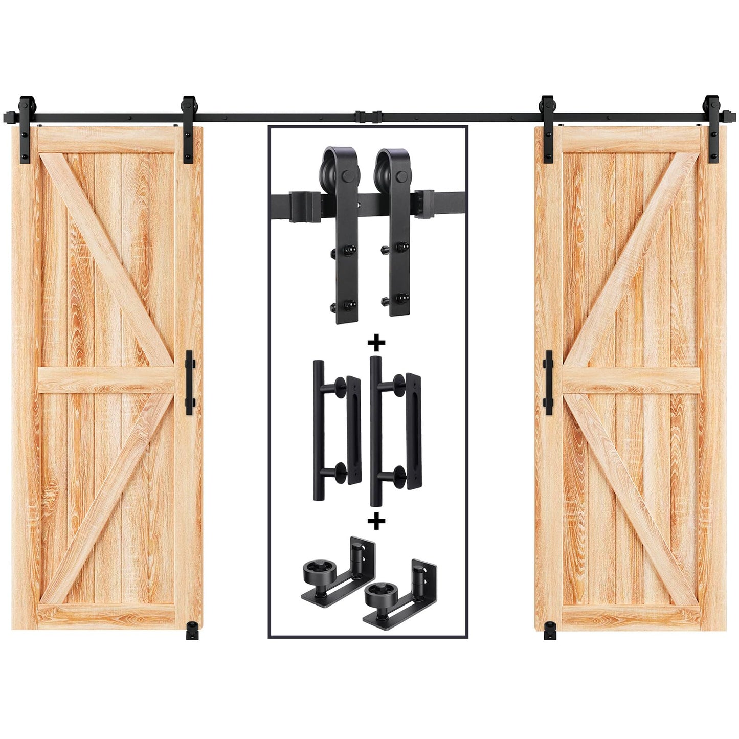 EaseLife 10 FT Double Sliding Barn Door Track and Handle Hardware Kit,Basic J Pulley,Slide Smoothly Quietly,Easy Install (10FT Track Kit for 27"~30" Wide Double Door)