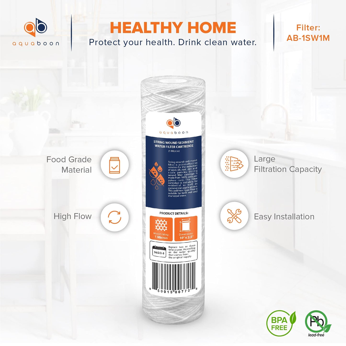 Aquaboon Whole House 1 Micron String Wound Water Filter 10 x 2.5 Cartridge for Well Water Filter Replacement Compatible with WHKF-WHSW, AP110, 50-Pack