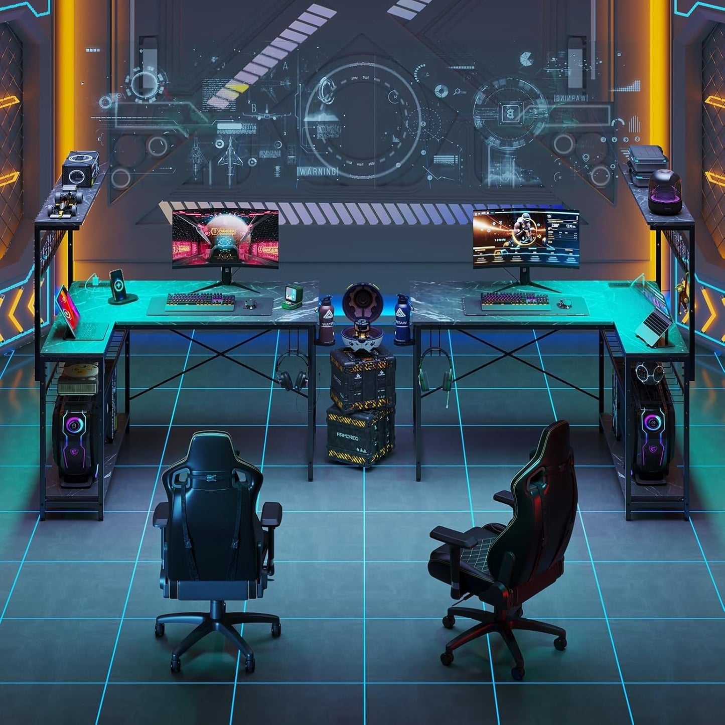 Bestier 42 L Shaped Gaming Desk, Computer Desk with Power Outlets & LED Light, Reversible Corner Desk with Shelves, Home Office Desk with Storage, Black Marble