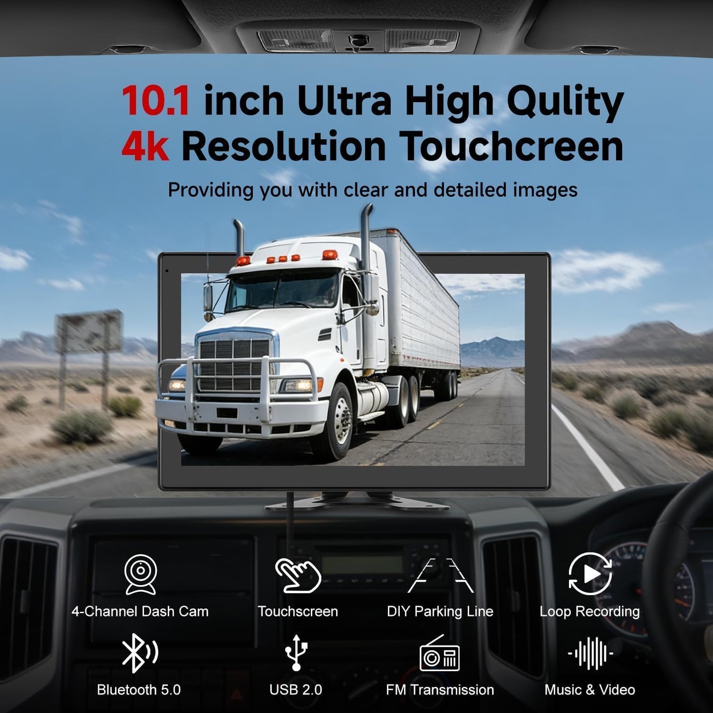 Venluna RV Backup Camera System - 10.1 Inch 4K Touchable 4 CH Monitor, 1080P IP69 Waterproof Wired Camera, DVR Loop Recording Bluetooth for Semi Truck Trailer Camper Pickup Bus