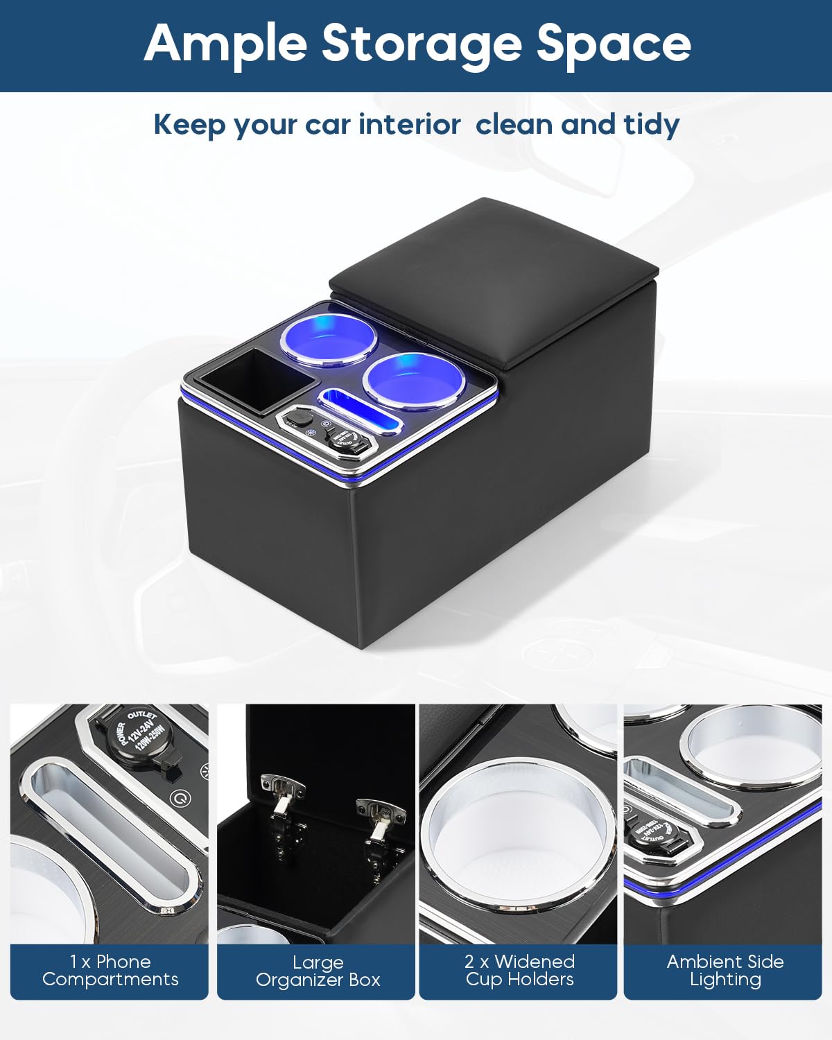 CEMOFE Upgraded Center Console, Wireless Charging Phone Holder & Cup Holders Armrest Organizer for Car Minivan Truck Van, Universal Rear Bench Seat Storage Box with 7 Modes LED Light