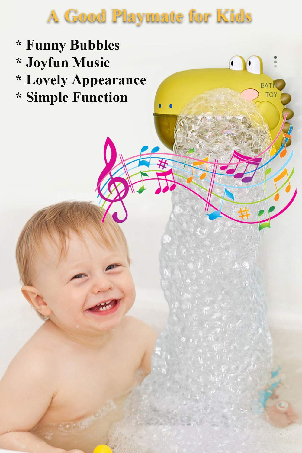 NEXTAKE Electric Bathtub Bubble Machine, Kids Cute Cartoon Animal Dinosaur Bubble Blower Machine Alligator Bubble Maker Bath Toy with Music and Vacuum Suction Cups (Green)