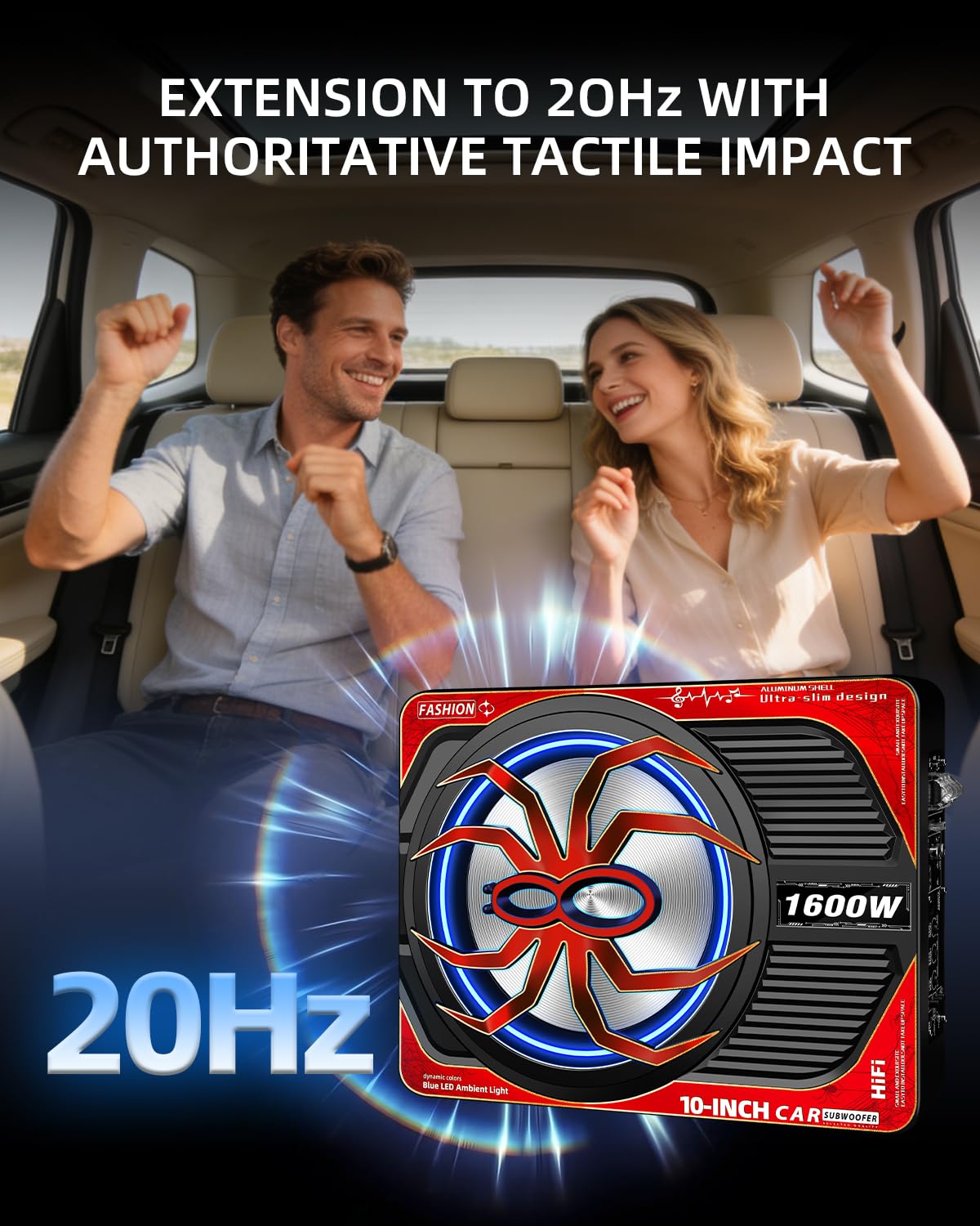 TZGBASS 1600W Slim Underseat Car Subwoofer and Amp Package, Powered Subwoofer with Built-in Class D Amplifier, Blue Ambient Light Switch, Deep Subsonic Bass, Under Seat Subwoofer for Car, Truck & SUV