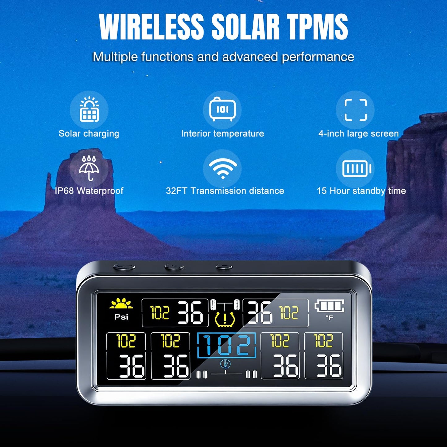 Tire Pressure Monitoring System - RV TPMS with 6 External Sensors & 6 Alert Modes, 4.0" Large LCD Display, Intelligent On/Off Solar TPMS for Trailer Camper SUV Pickup truck Easy to install, 0-144 PSI