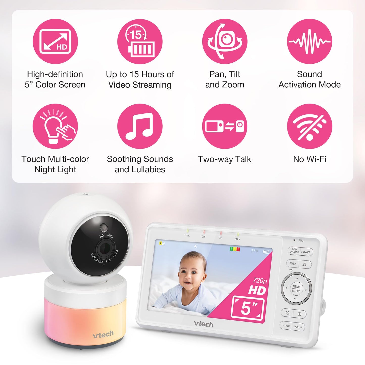 VTech Video Baby Monitor with Camera and Audio, 5" HD LCD Screen, Pan-Tilt-Zoom, 2-Way Talk, VOX Mode, Night Lights, Lullabies, Soothing Sounds, Temperature sensor, Long Range, No WiFi: VM5263 (White)