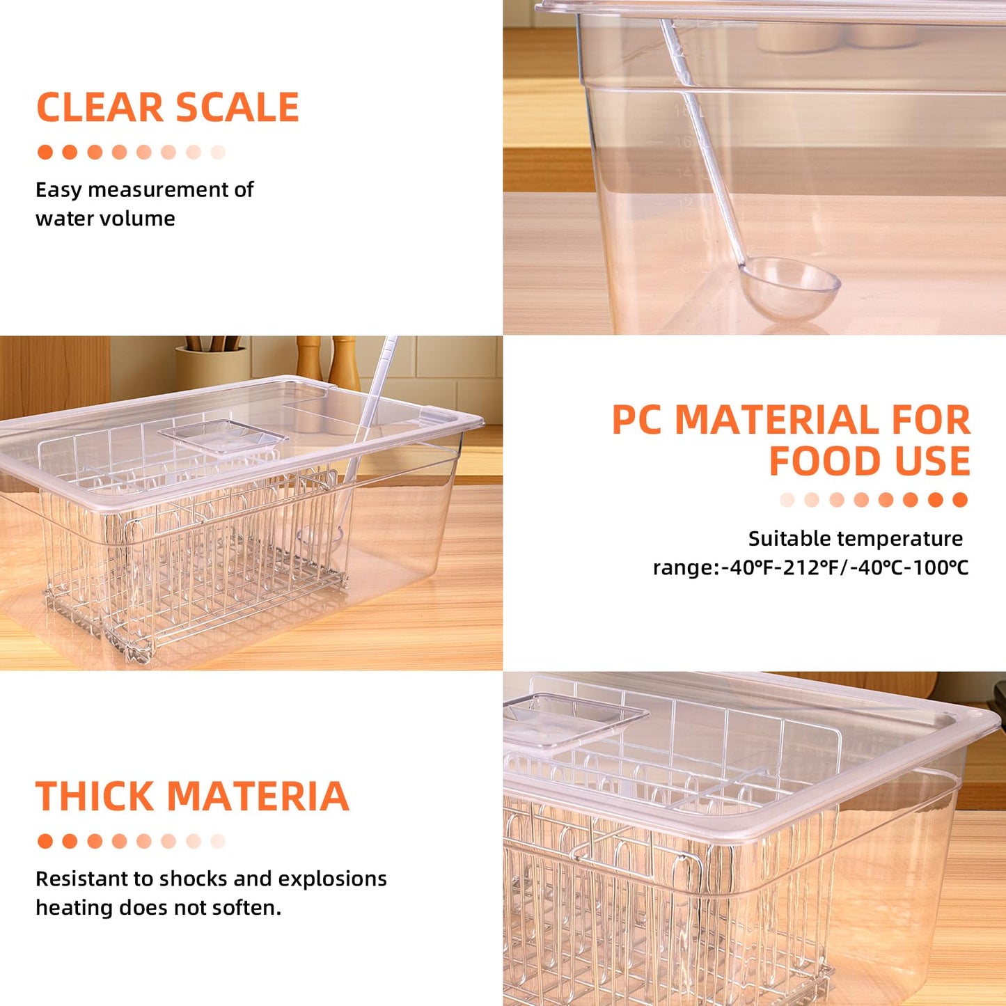 WELKOR Sous Vide Container 26 QT with Lid, Rack & Spoon-Precision Cooking Tub for Anova Nano, Joule, Instant Pot Immersion Circulators - Large Accessories Kit (Square opening)