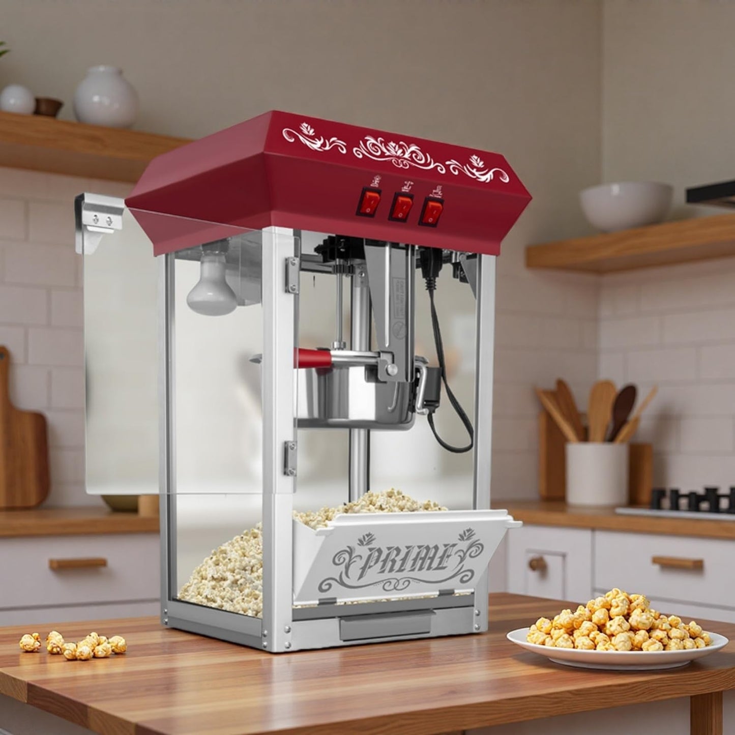 Trygoal Commercial Popcorn Machine, 12 Oz Kettle, 800W Countertop Popcorn Maker with Tempered Glass & Warming Deck, Tabletop Pop Corn Popper for Home Theaters, Birthday Parties, School Events, Red