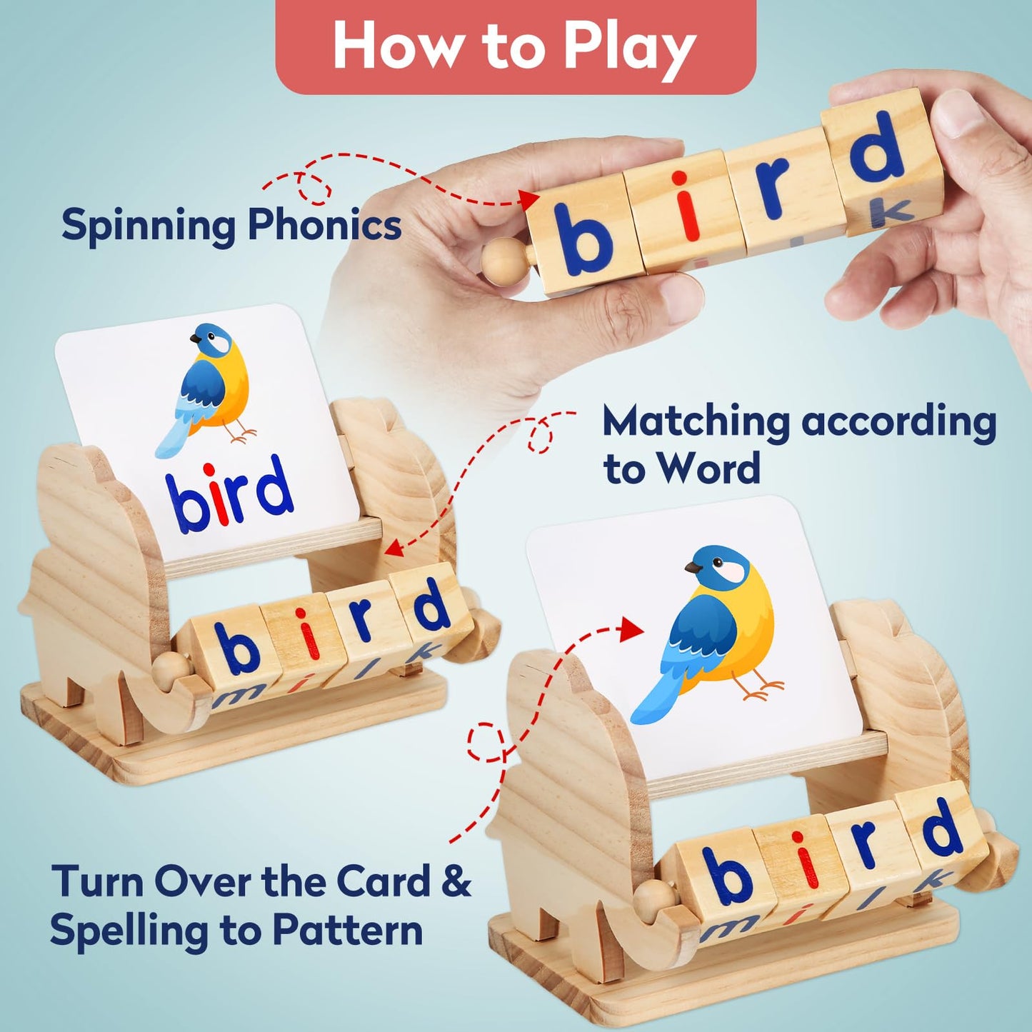 Montessori Learning and Educational Toys Gifts for Kids 3 4 5 Years, Wooden Reading Blocks Toys, Preschool Kindergarten Learning Activities, Turning Rotating Matching Flash Card Games