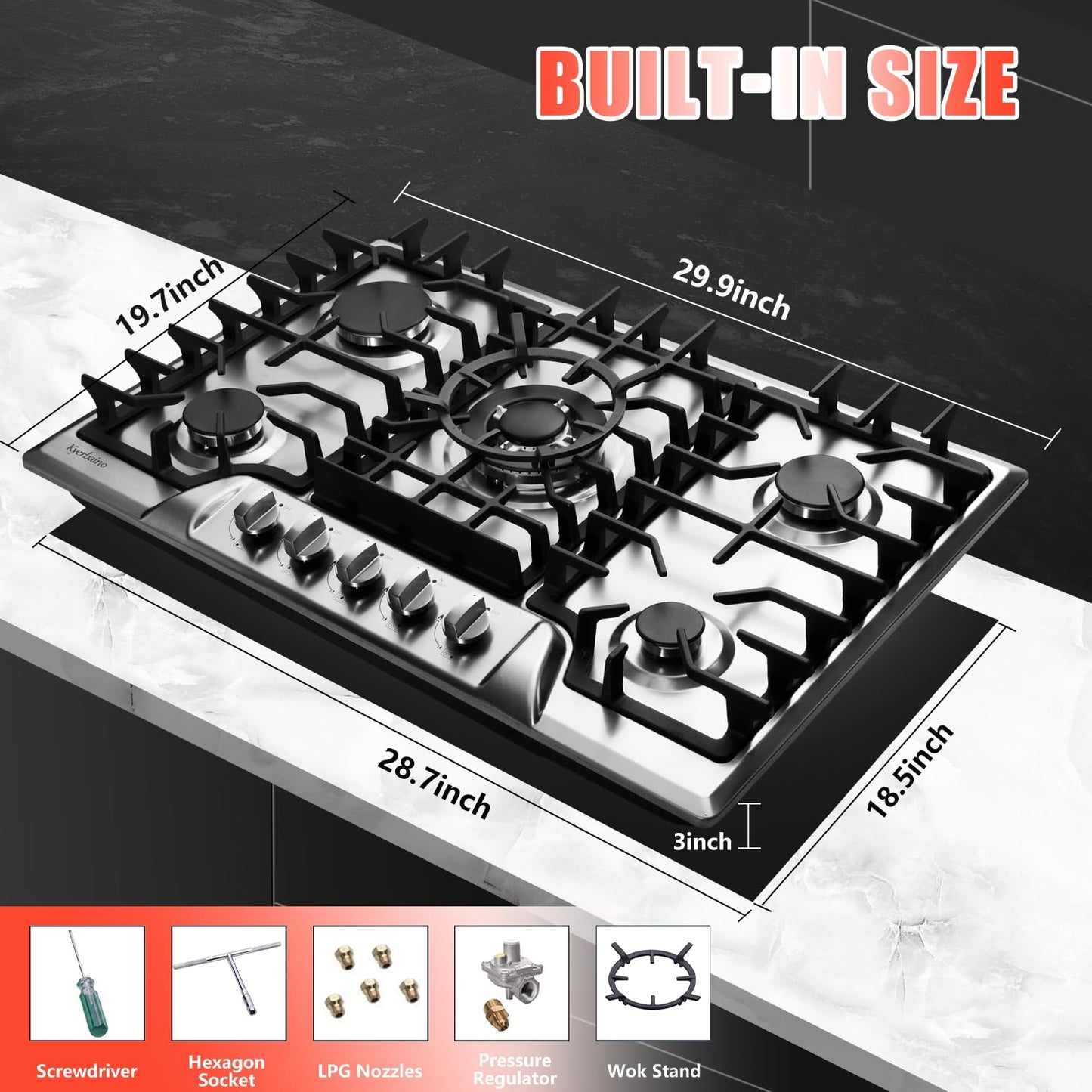 Kyerbaino Gas Cooktop 30 Inch, Built-in 5 Burners Gas Stovetop Stainless Steel LPG/NG Convertible Gas Stove Dual Fuel Sealed Gas Cooktop