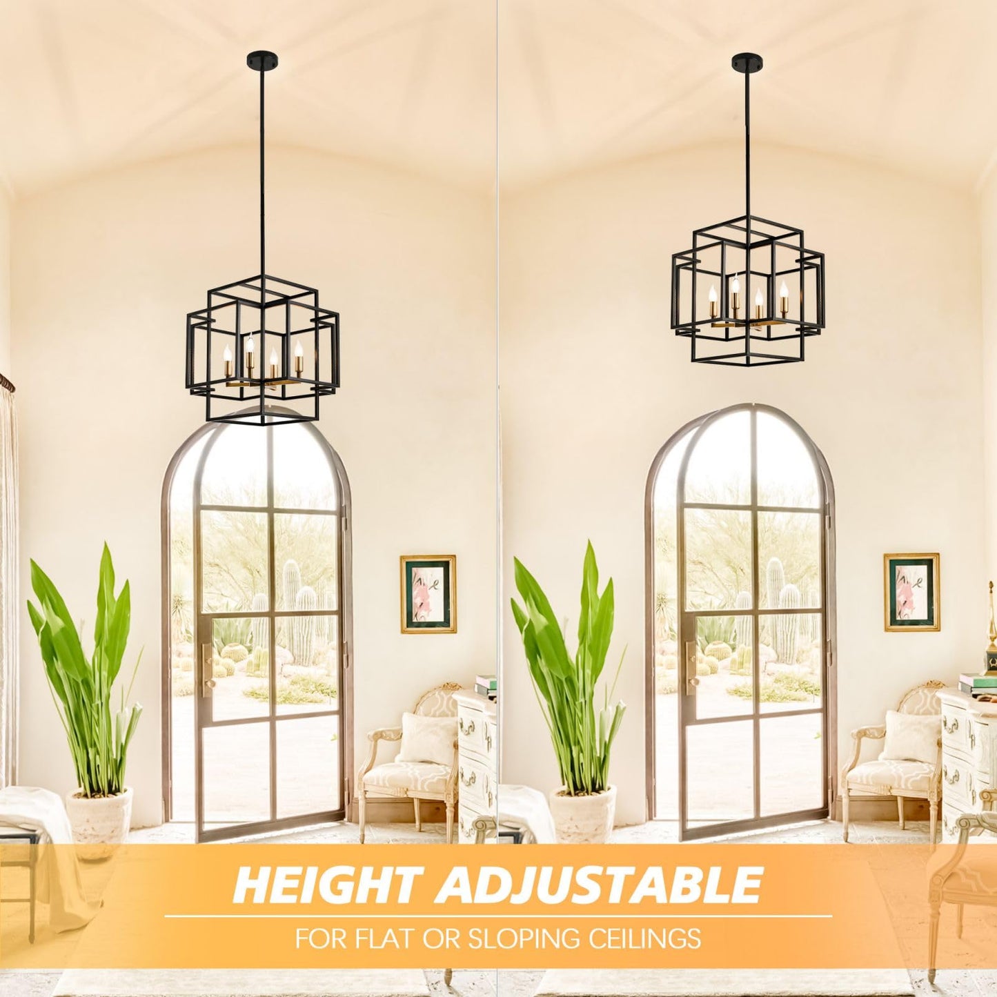 WJShome 4-Light Black and Gold Chandelier, Farmhouse Lantern Pendant Light, Industrial Ceiling Foyer Lighting Fixtures, Modern Chandeliers for Dining Room, for Kitchen Island Entryway Staircase