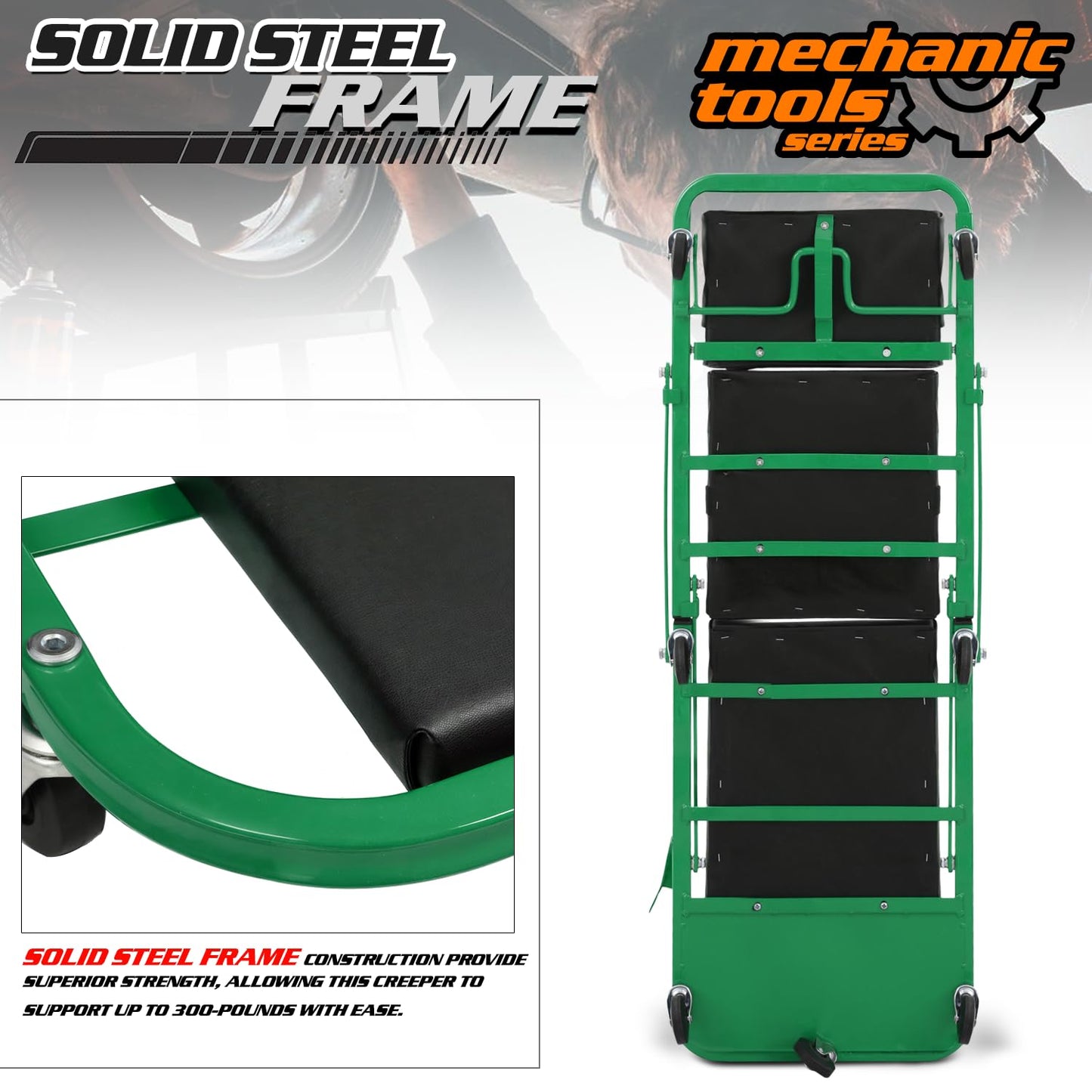 M-AUTO Heavy-Duty Convertible Mechanic Creeper, 48" Padded Adjustable Headrest Roller Garage Chair with 7 Swivel Casters for Washing, Detailing, Maintenance, Green