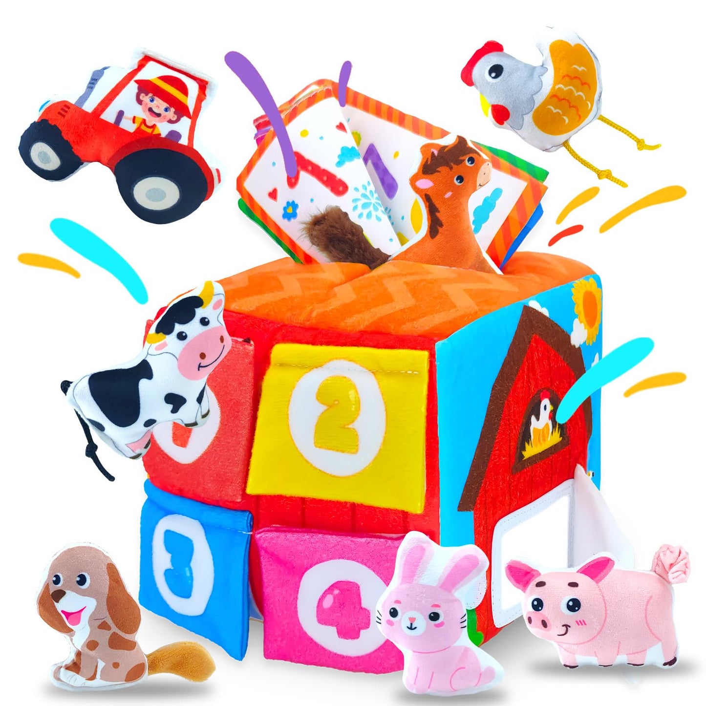 Baby Tissue Box Toys for 6-12 Months, 13PCS Surprise Barn Toy with Stuffed Farm Animals, Rattle, Soft Paper, Mirror, Montessori Educational Sensory Toys for Babies,Sensory Toys for Toddlers