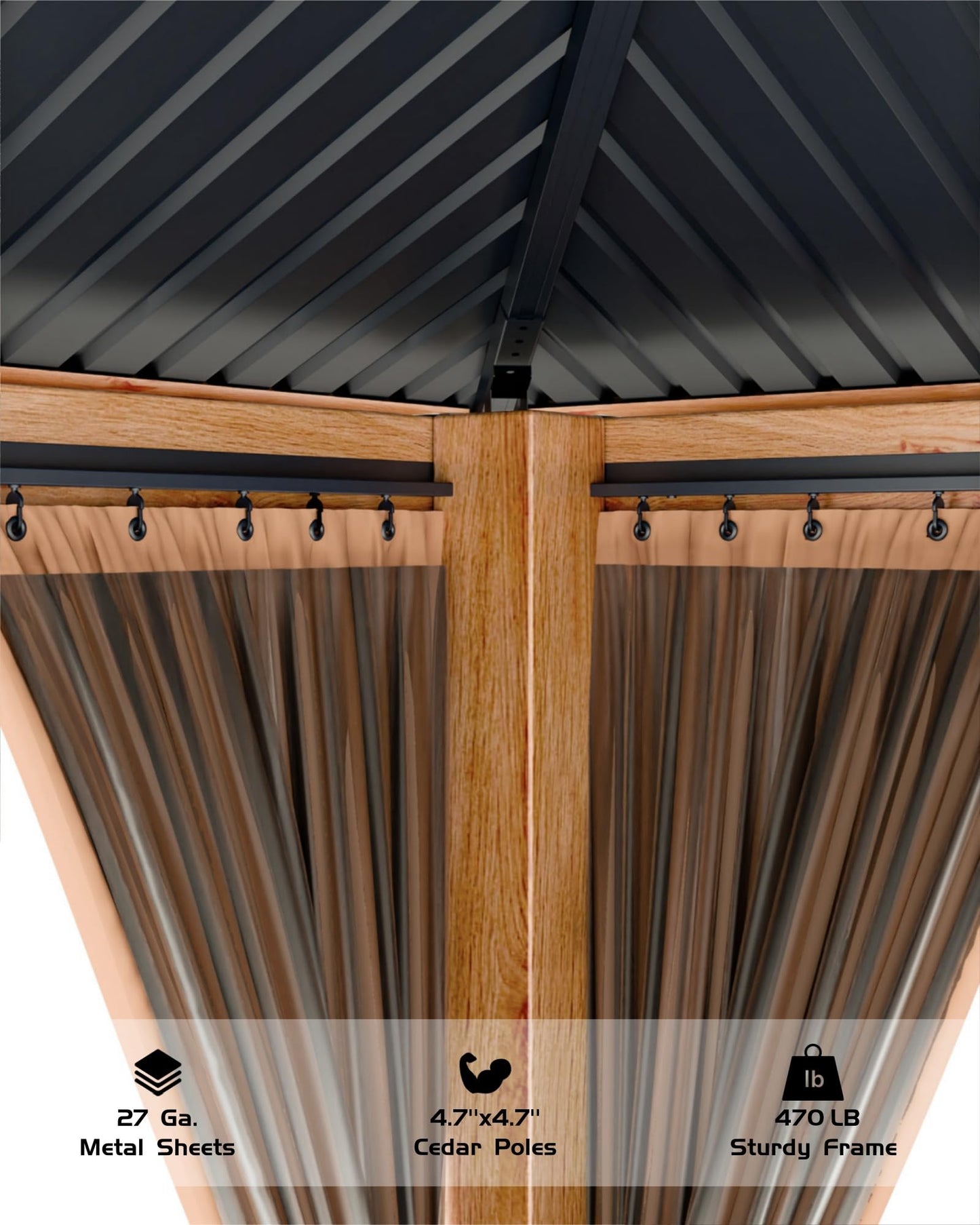 GarveeLife Hard top Wood Gazebo 12 ft x16 ft for All Weather, with Double Metal Roof, Heavy Duty Wooden Frame, Net, and Curtain, Permanent Building for Patio, Deck, Backyard, Lawn, and Garden, Khaki