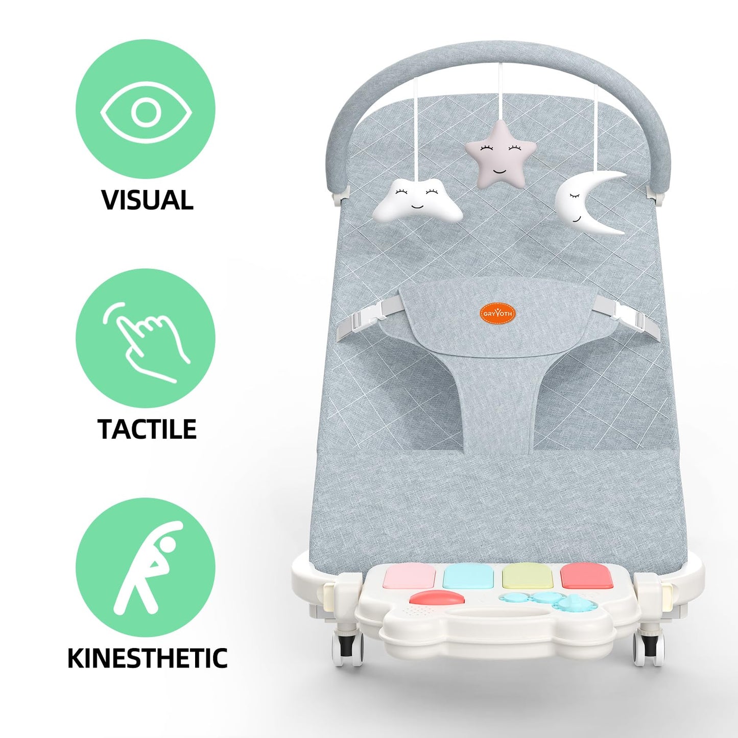Gryvoth Portable Baby Bouncer Seat 0-18 Months,Detachable Piano & Hanging Toys,3-Level Recline (Rock/Fix),Foldable with Quiet Wheels,Baby Shower