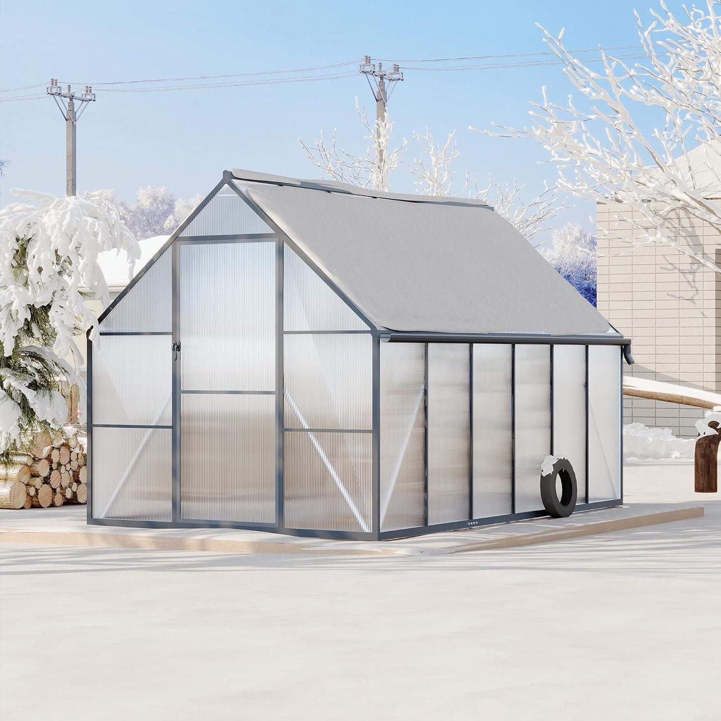 8x12 FT Aluminum Framed Polycarbonate Greenhouse for Outdoors, UV-Blocking Panels, Heavy Duty Structure, Roof Vent, Easy Setup, All-Season Garden Kit