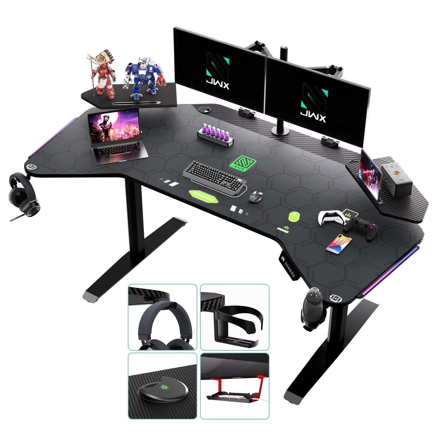 JWX Dual Motor Standing Gaming Desk with Aluminum Alloy Led Lights, 72'' Wing Shaped Large Gaming Studio Music Desk with Slot Design Shelves, for Streamer, Social Media Influencer & Music Recording