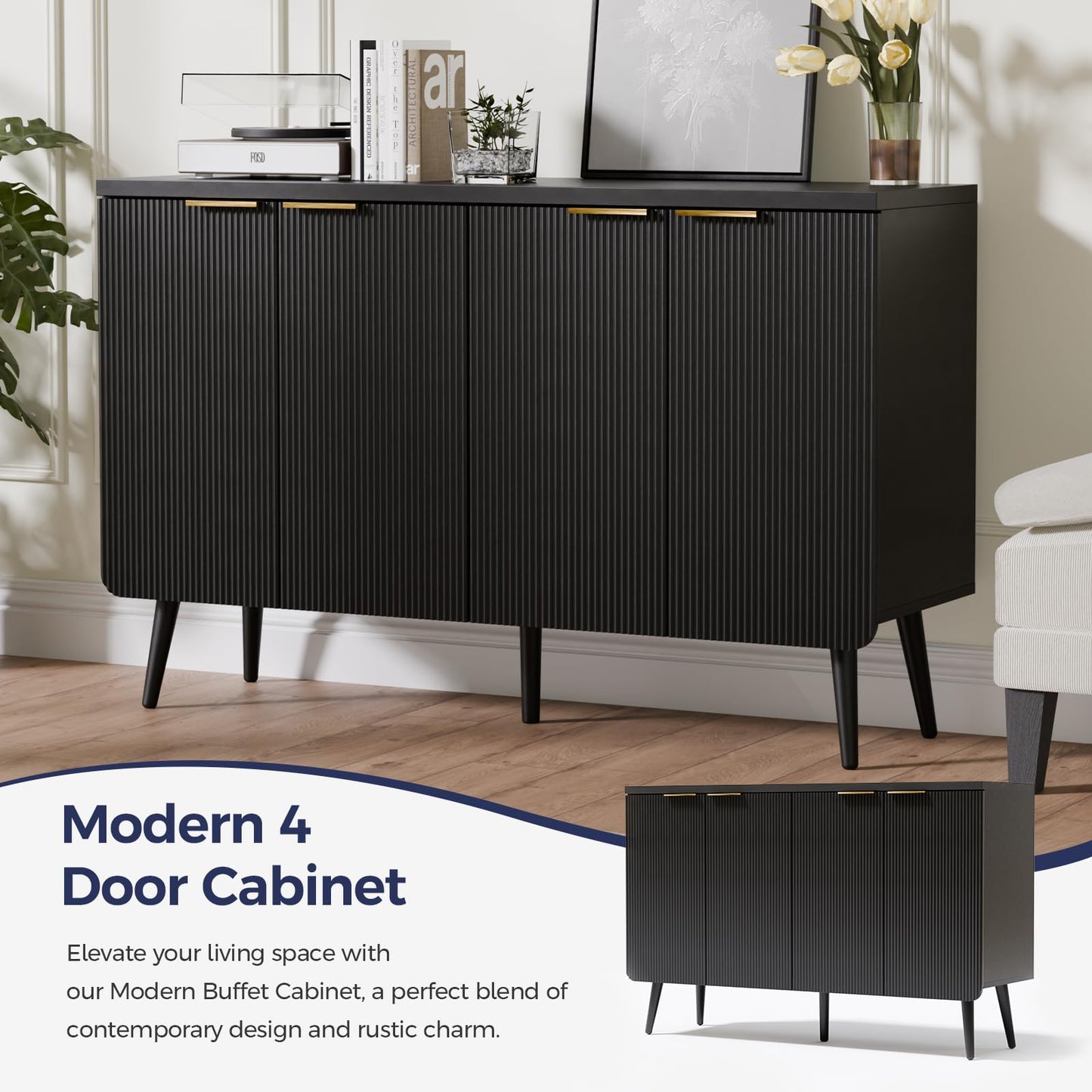 Trygoal 47.2" Wood Fluted Sideboard with 4 Doors, Modern Buffet Cabinet with Shelves, Multi-Space Storage Credenza Kitchen for Entryway, Dining & Living Room, Black