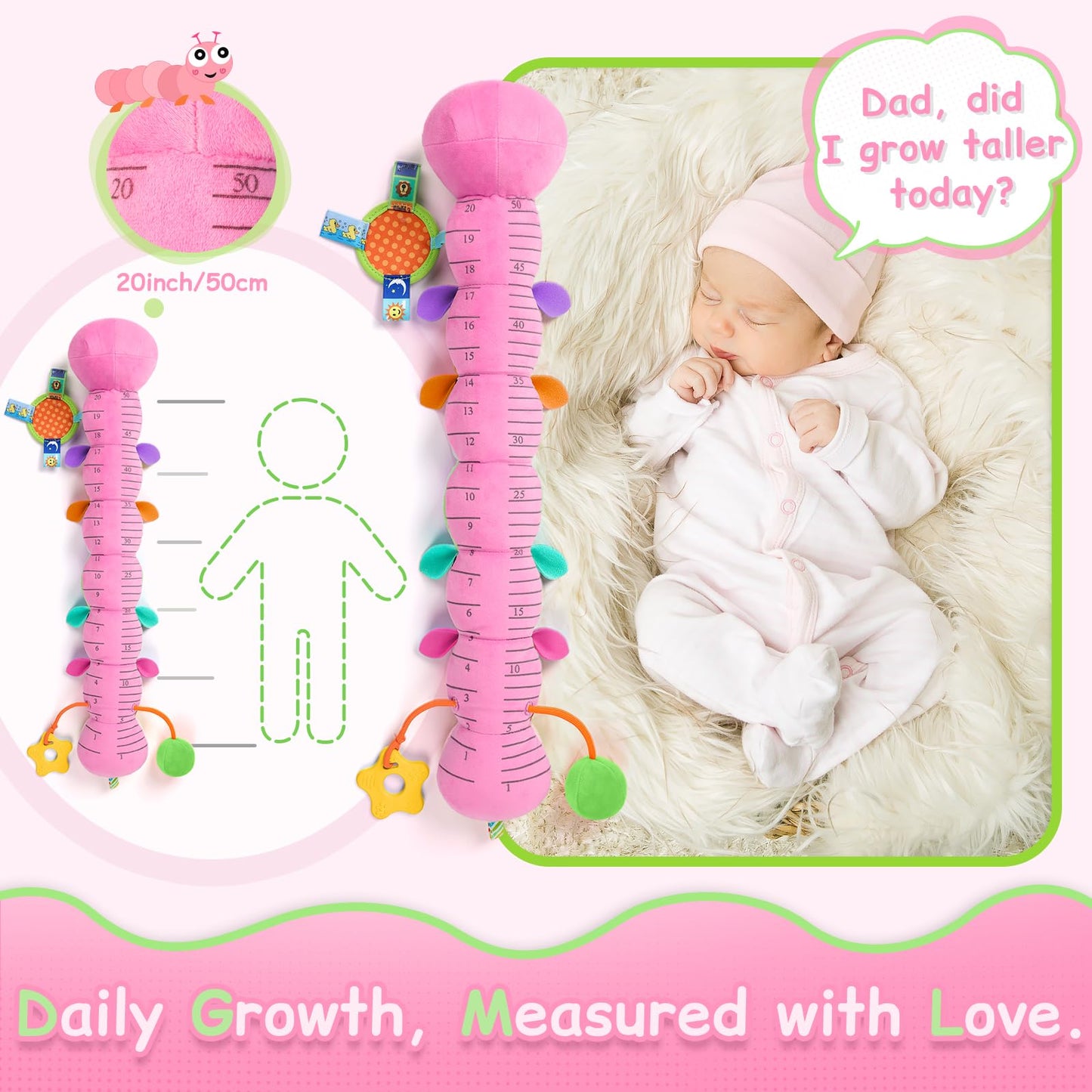 Tummy Time Baby Toys Sensory Musical Animal Stuffed Car Seat Toy for Infant 0-3-6-12 Months Newborn, Plush Caterpillar with Mirror,Crinkle,Rattle Teething Toys for Baby Boys Girls Shower Gifts, Pink