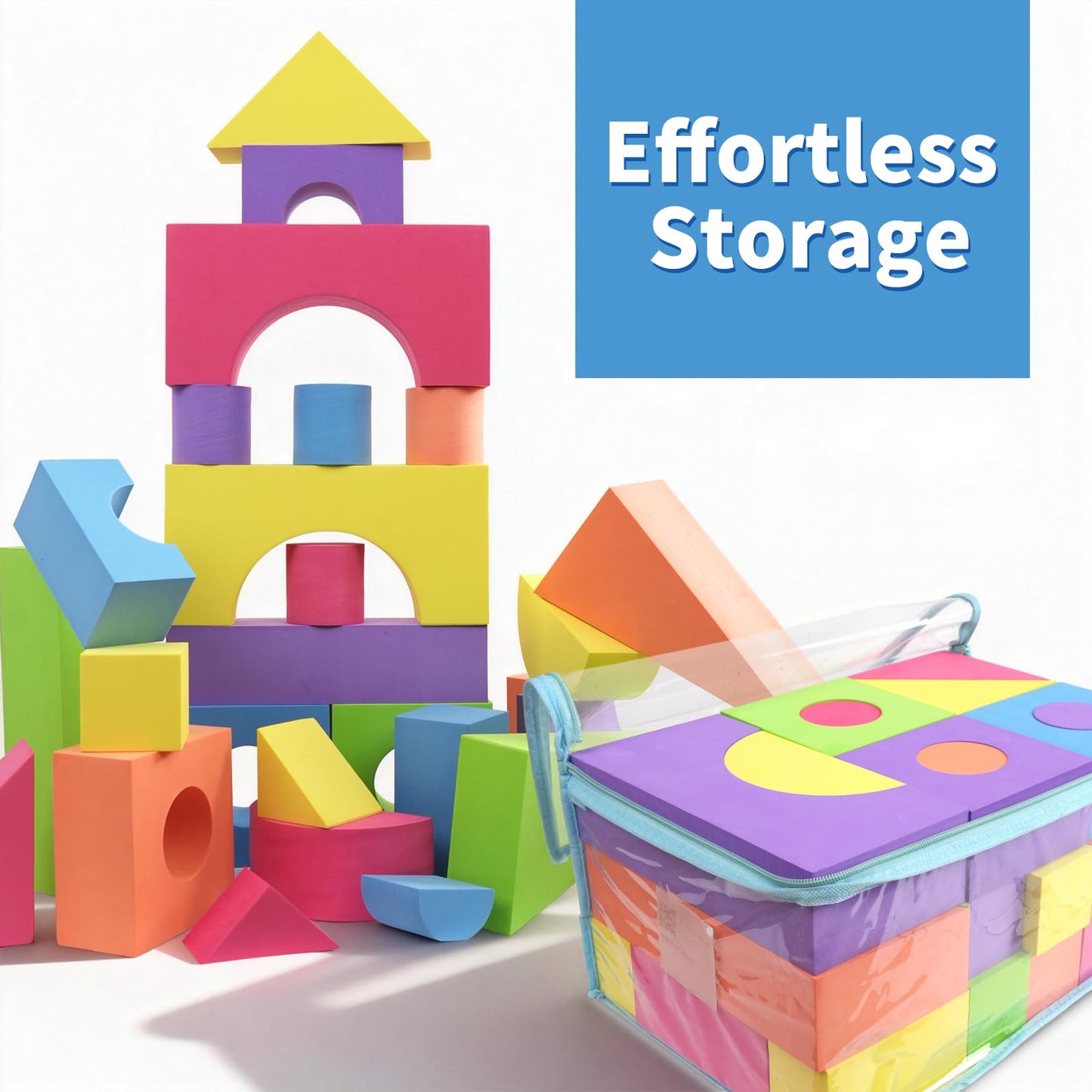 Bingyouth Large Building Foam Blocks for Toddlers, EVA Stacking Foam Building Blocks Toy Set, Non-Toxic, Washable, Early Learning Construction Toys & Gifts for Kids Boys & Girls (Blue, Pieces, 60)