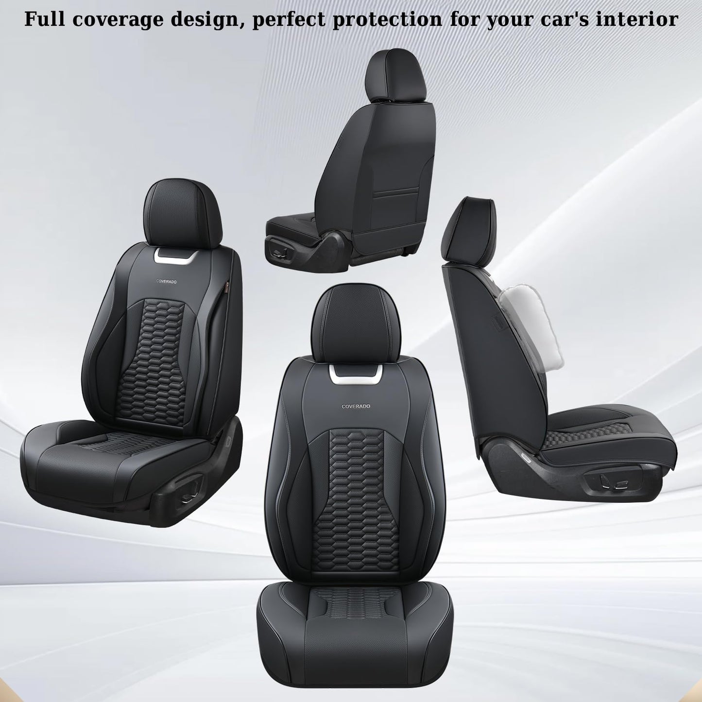 Coverado Seat Covers Front Seats, Luxury Leather Black Car Seat Cover, Waterproof Automotive Car Seat Covers Protector Interior Accessories Universal Fit Most Sedans, SUVs, Pick-up Trucks