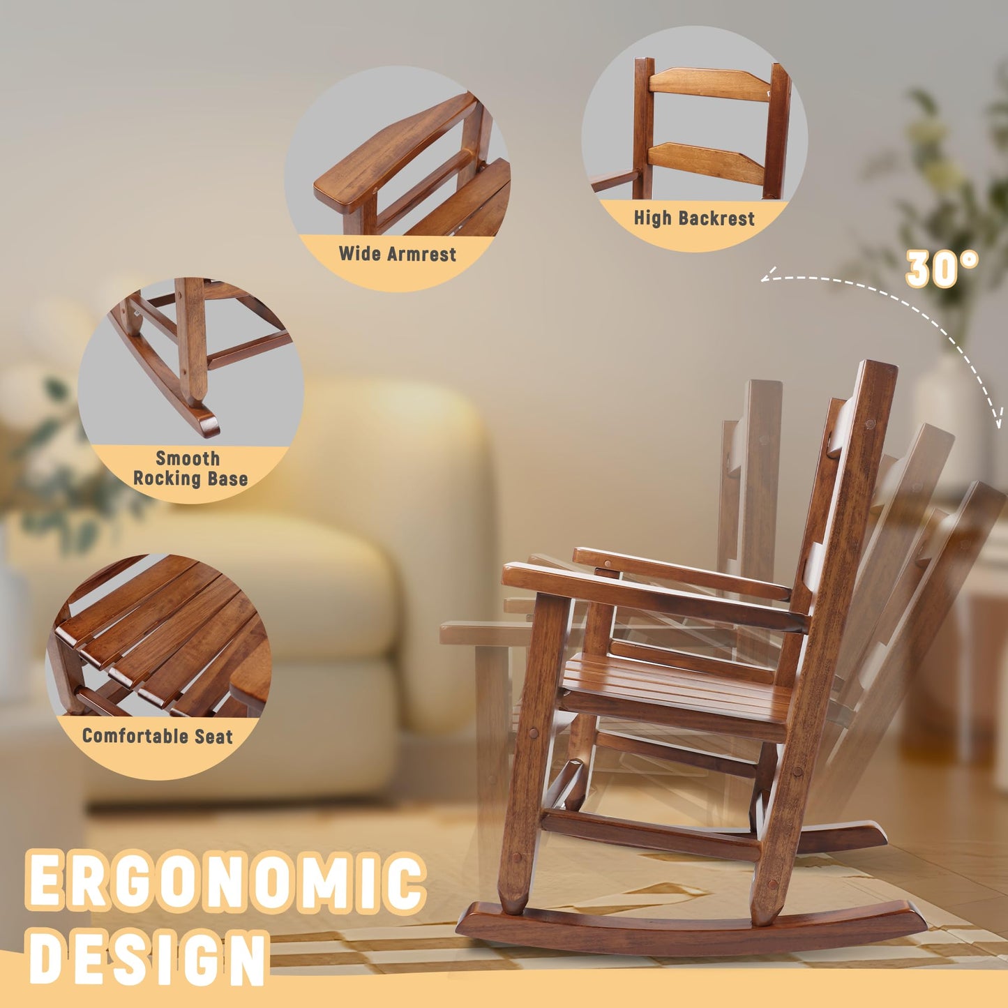 Hngilkoo Kids Rocking Chair Toddler Wooden Indoor for Child Comfy Recliner Rocker for Baby Ages 3-6 Outdoor Lounge Children Playroom Anti-Tip Design Safe & Sturdy Brown