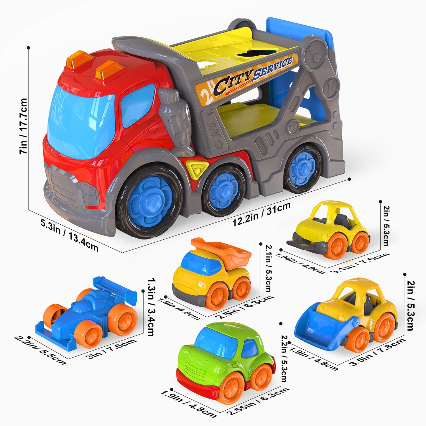 P&C 12.2" Toddler Car Transport Truck Toys for Ages 2-4, Car Carrier Transporter Double-Deck Hauler Truck‌ Toy Set with Sounds Lights for Kids 18M+ 2 3 4 5, Birthday Christmas Gifts for Boys Girls