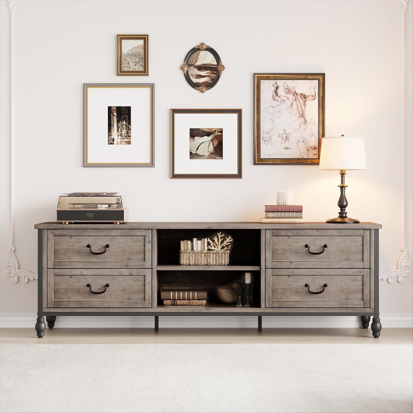 CABIHOME 70 Inch Mid-Century Modern TV Stand with Storage, Entertainment Center Featuring Metal Roman Columns and Drawer, TV Console Table for Living Room