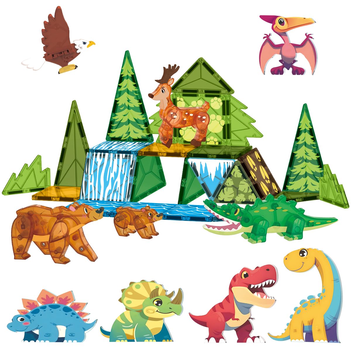 Givzan Magnetic Tiles Animals & Dinosaurs Toys, STEM Educational Building Blocks, Sensory Set 35 PCS for Toddlers Kids Ages 3-5 5-7, Boys Girls Birthday Gift Age 3+