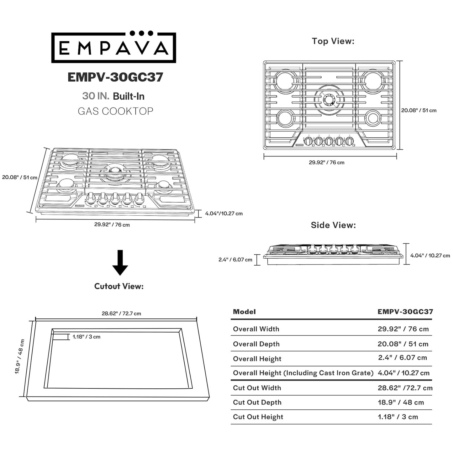 Empava 30-Inch Gas Stove Cooktop - with 5 Italy SABAF Sealed Burner NG/LPG Convertible in Stainless Steel