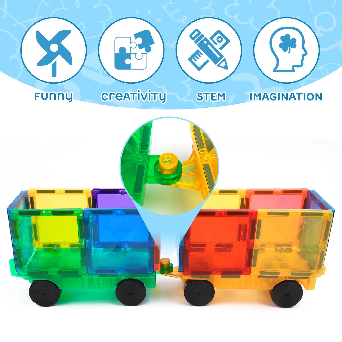 Mruikeny Magnetic Tiles Cars Construction Set - 4 PCS Magnetic Tiles Magnet Bricks Truck Sensory Toys, Educational Magnet Cars Set Building Blocks for 3 4 5 6 7 8+ Year Old Girls Boys